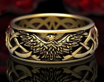 Eagle Wedding Band, Gold Celtic Eagle Ring, Mens Bird Wedding Band, Eagle Jewelry, Unique Bird Ring, Flying Bird Ring 1138