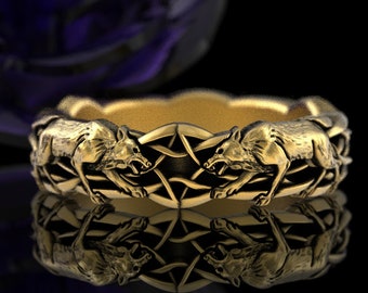Gold or Platinum Twin Dire Wolf Ring, Viking Warg Band, Nordic Alpha Wolf Ring, Geri & Freki Wedding Ring, Vargr Ancient Alpha Ring, 1746