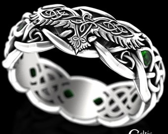 Sterling Emerald Raven Wedding Ring, Womens Viking Ring, Viking Raven Ring, Womens Raven Wedding Band, Celtic Raven Wedding Ring, 4728