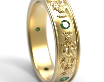 Gold Thistle Ring, Scottish Thistle Ring, Gold & Emerald Wedding Band, Thistle Wedding Band, Green Thistle Ring, Platinum Thistle Ring, 1781