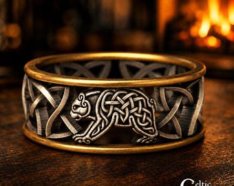 10K + Sterling Silver 2Tone Mens Ring, Celtic Bear Wedding Ring, Mens Celtic Wedding Ring, Gold Bear Ring, Bicolor Bear Wedding Ring, 1128
