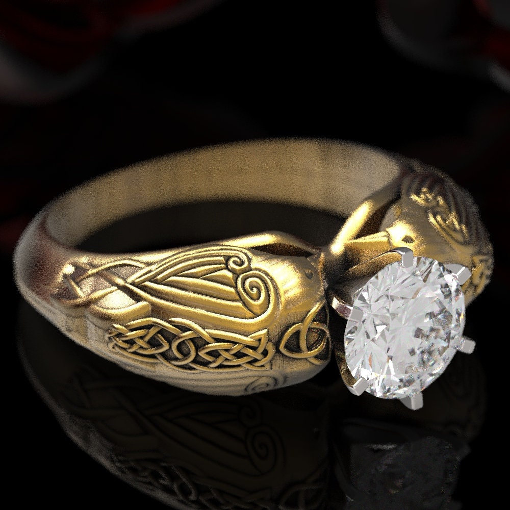 Gold Raven Ring, Moissanite Viking Ring, Raven Engagement Ring, Viking