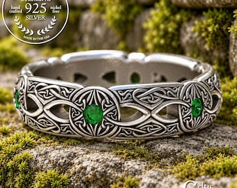 Sterling Bridal Celtic Knotwork Ring, Emerald Celtic Wedding Ring, Irish Shield & Heart Anniversary Ring, 1805