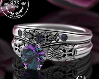 Alexandrite Thistle Bridal Ring Set in Sterling, Silver Celtic Bride's Fitted Engagement Set with Accent Band, 1894 3340