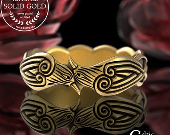 Gold Raven Ring, Hugin & Munin, Viking Raven Ring, Raven Wedding Ring, Gold Odin Ring, Gold Norse Raven Ring, Gold Celtic Raven Ring, 1280