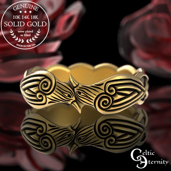 Gold Raven Ring, Hugin & Munin, Viking Raven Ring, Raven Wedding Ring, Gold Odin Ring, Gold Norse Raven Ring, Gold Celtic Raven Ring, 1280