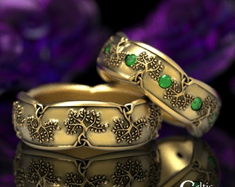 Matching Celtic Tree Ring Set, Emerald & Gold, Tree of Life Rings, Matching Gold Tree Rings, Tree Wedding Set, Pagan Wedding Rings,1363 1365