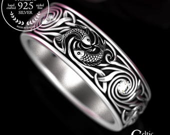Moissanite Men's Zen Fish Wedding Band, Sterling Ying Yang Koi Fish Jewelry, Celtic Pisces Men's Ring, 2103