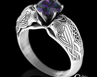 White Gold Raven Engagement Ring, 10K Alexandrite Viking Engagement, White Gold Odin Wedding Ring, 14K Alexandrite Womans Celtic Ring, 1799