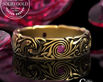 Gold & Ruby Ocean Wedding Ring, White Gold Japanese Fish Ring, Yin Yan Divine Balance, Platinum Zen Anniversary Ring, Chi Jewelry, 2098
