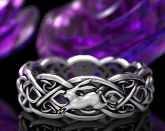 Sterling Silver Celtic Rabbit Weave Ring, Irish Hare Handfasting Ring, Welsh Bunny Sacred Union Ring, Gaelic Lapin Braid Wedding Band, 1680