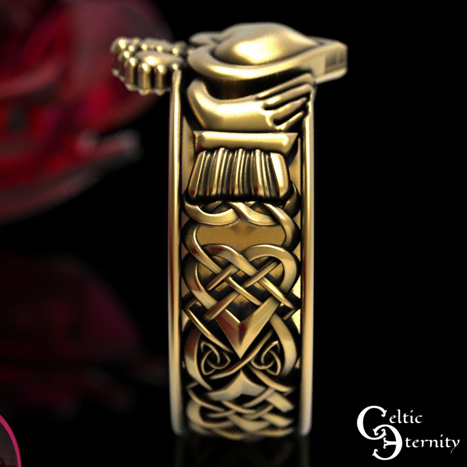 Gold Mens Claddagh Ring, Modern Claddagh Ring, Mans Celtic Wedding Band Gold Mens Claddagh Ring, Modern Claddagh Ring, Mans Celtic Wedding Band