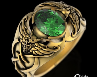 Gold & Emerald Mens Engagement Ring, 10K Viking Owl Ring, 14K Mens Emerald Signet, Celtic Owl Gold Wedding Ring, Owl Statement Ring, 3057