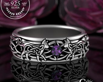 Sterling Cat Lovers Wedding Ring, Alexandrite Men's Animal Ring, Silver Tom Cat Ring, Groom Knotwork Marriage Ring, Vow Renewal Ring, 3257