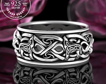Sterling Silver Norse Wolf Wedding Band, Mens Nordic Wolf Wedding Ring, Celtic Wolves Silver Ring, Infinity Wolf Ring, Nordic Wedding, 4269
