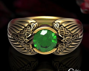 Gold & Emerald Corvid Ring, Mens Emerald Celtic Wedding Ring, Platinum Raven Statement Ring, Gold Crow Viking Ring, Pagan Wedding Ring, 1491