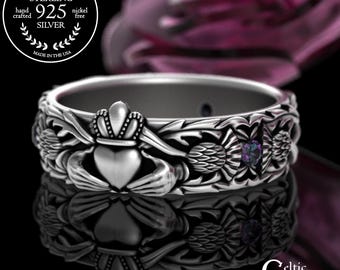 Alexandrite Thistle Ring for Bride, Sterling Scottish Claddagh Ring, Emerald Celtic Women's Nature Wedding Band, Galway Handfasting, 3244