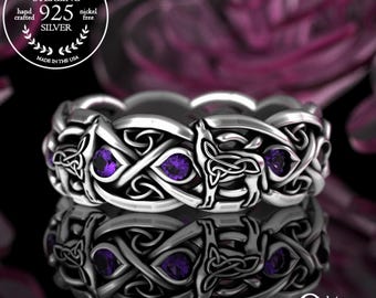 Amethyst Wolf Wedding Ring, Sterling Silver Wolf Ring, Wolf Wedding Band, Wolf Celtic Wedding Band, Amethyst Wedding Ring, Celtic Ring, 1267