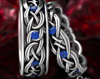 Sapphire Matching Ring Set, Sterling Celtic Wedding Bands, Silver Celtic Wedding Rings, Sapphire Celtic Wedding Rings, Irish Ring, 1899 1900