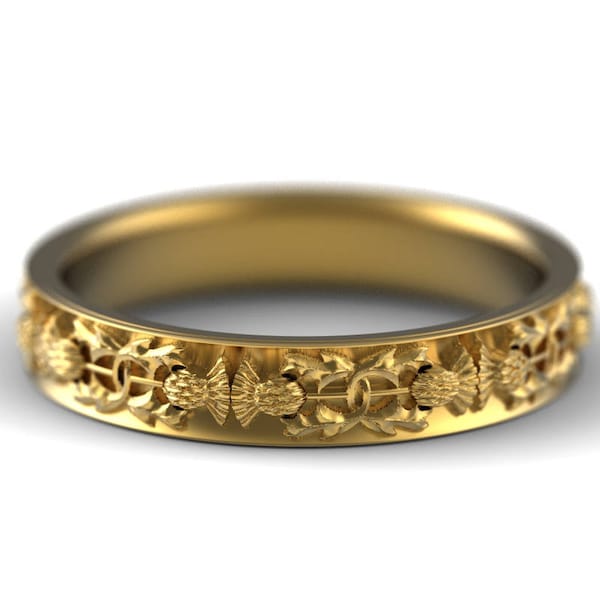 Gold or Platinum Elegant Thistle Bloom Ring, Scottish Highland Blossom Handfasting Band, 4mm Narrow Thorned Blossom Sacred Union Ring, 1771