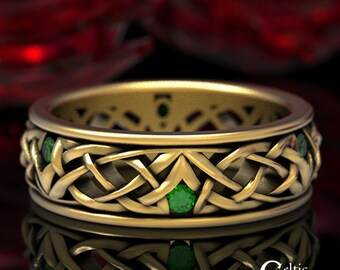 Gold Celtic Wedding Ring, Emerald Wedding Band, Celtic Wedding Band, Platinum Celtic Ring, Emerald Celtic Ring, Men Gold Wedding Band,1506