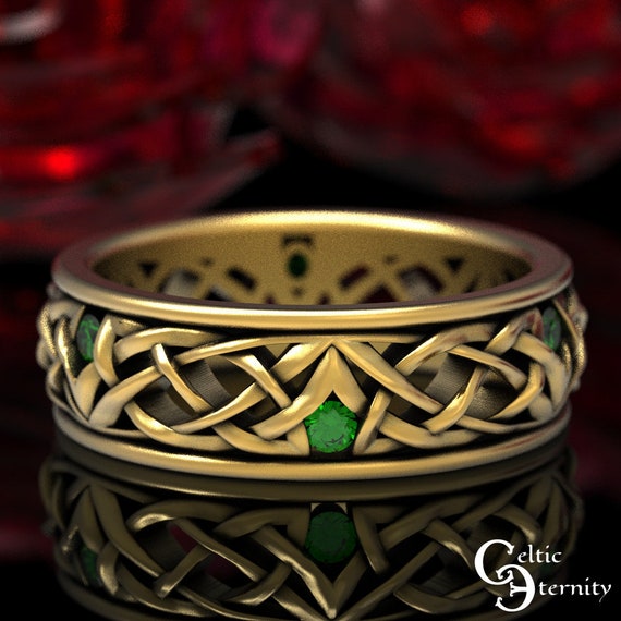 Gold Celtic Wedding Ring, Emerald Wedding Band, Celtic Wedding Band, Platinum Celtic Ring, Emerald Celtic Ring, Men Gold Wedding Band,1506