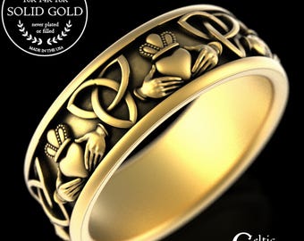Gold Traditional Celtic Claddagh Ring, 10K 14K Claddagh Trinity Ring, Mens Irish Claddagh Ring, Platinum Scottish Claddagh Trinity Ring 3078