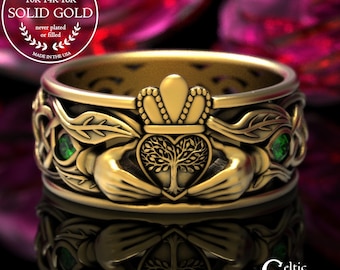 14K Groom's Forest Claddagh Ring with Emeralds, Platinum Man Botanical Wedding Ring, Gold Pagan Marriage Vows, Golden Anniversary Ring, 2042