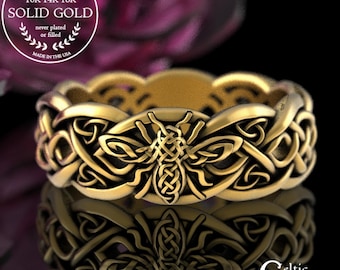 10K Gold Bee Ring, 14K Celtic Bee Ring, Gold Honeybee Ring, Queen Bee Ring, Women Bee Ring, 18K Bee Wedding Ring, Beekeeper Ring, 3085