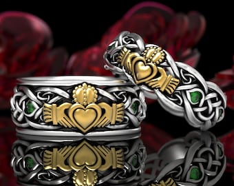 His Hers Claddagh Ring Set Emeralds, Silver & 10K Gold Claddagh Wedding Ring Set, Celtic Matching Wedding Band, Irish Love Ring 1685 1689