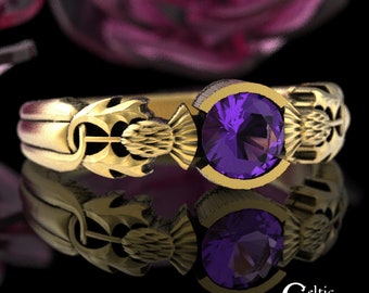 Gold Thistle Engagement Ring, 10K Amethyst Wedding Ring, 14K Scottish Engagement Ring, 18K Celtic Thistle Ring, Celtic Amethyst Thistle 1774