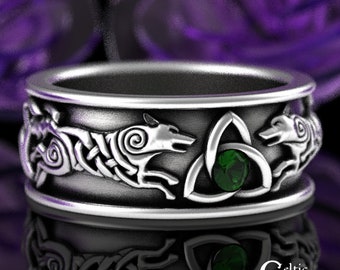 Emerald Wolf Viking Wedding Band, Sterling Norse Wolves Wedding Ring, Silver Mens Wedding Ring, Woven Wolf Trinity Knotwork Ring, 3103