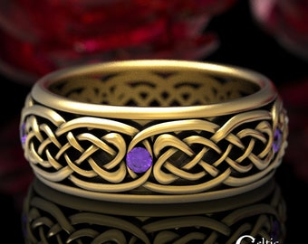 Amethyst & Gold Wedding Band, Gold Celtic Wedding Band, Mens Gold Wedding Ring, Gold or Platinum Mens Ring, Mens Celtic Wedding Band, 1584