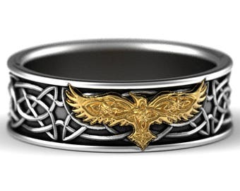 2-Tone Celtic Raven Ring, Sterling & 10K Gold Raven Wedding Band, Mens Wedding Band, Celtic Raven Ring, Mens Raven Ring, 10K Raven Ring 1166