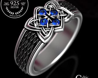 Sapphire Irish Cross Wedding Ring in Sterling, Men's Viking Statement Ring, Silver Norse Shield Ring, Ouroboros Jewelry, 2096