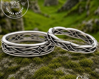 Sterling Celtic Bride & Groom Wedding Band Set, Lightweight Irish His Hers Rings, Cut-through Scottish Diamond-Pattern Jewelry, 2083 2085