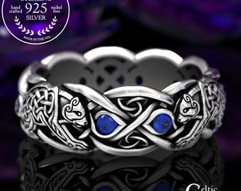 Sterling Silver Bear Ring, Sapphire Bear Ring, Celtic Bear Ring, Celtic Wedding Band, Celtic Animal Ring, Sterling Wedding Band, 1682