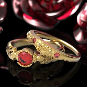 10K Gold & Ruby Celtic Thistle Wedding Ring Set, Rose Gold Celtic Ruby Blossom Fitted Engagement Set, Woman Irish Anniversary Set, 1774 1775