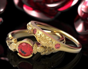 10K Gold & Ruby Celtic Thistle Wedding Ring Set, Rose Gold Celtic Ruby Blossom Fitted Engagement Set, Woman Irish Anniversary Set, 1774 1775
