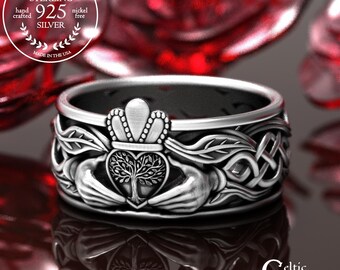Sterling Tree Handfasting Ring, Tree Heart Pledge Wedding Ring, Silver Welsh Claddagh Crown Ring, Celtic Heart & Hands Wedding Band, 2040