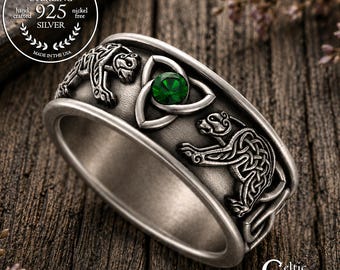 Nordic Bear & Emerald Ring, Sterling Mens Viking Bear Wedding Band, Emerald Silver Celtic Bear Ring, Norse Wedding Ring, Trinity Knot, 3102