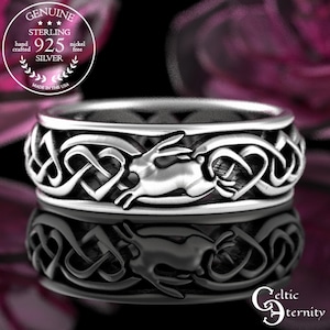 Sterling Silver Rabbit & Heart Celtic Ring, Rabbit Love Wedding Ring, Silver Bunny Ring, Celtic Hare Ring, Year of The Rabbit Ring, 4002