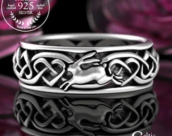 Sterling Silver Rabbit & Heart Celtic Ring, Rabbit Love Wedding Ring, Silver Bunny Ring, Celtic Hare Ring, Year of The Rabbit Ring, 4002