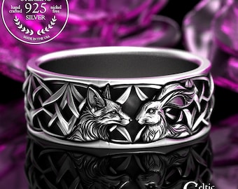 Men's Sterling Fox & Rabbit Wedding Ring, Silver Celtic Hare Jewelry, Men's Scottish Fox Ring, Spirit Animal Jewelry, 2179