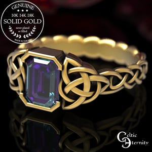 Alexandrite Engagement Ring, Celtic Wedding Ring, Emerald Cut Ring, Gold Alexandrite Ring, Trinity Knot Ring, Platinum Alexandrite Ring,1306