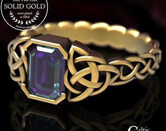 Alexandrite Engagement Ring, Celtic Wedding Ring, Emerald Cut Ring, Gold Alexandrite Ring, Trinity Knot Ring, Platinum Alexandrite Ring,1306