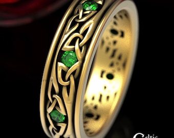 Emerald & Gold Celtic Wedding Ring, Irish Platinum Wedding Ring, Emerald Handfasting Ring, Thin Mens Gold Wedding Band 10K 14K 18K, 1469