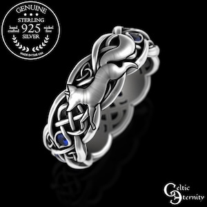 Womens Sterling Fox Ring, Sapphire Fox Wedding Ring, Fox Wedding Ring, Fox Wedding Band, Celtic Fox Wedding Ring, Silver Fox Ring, 3196
