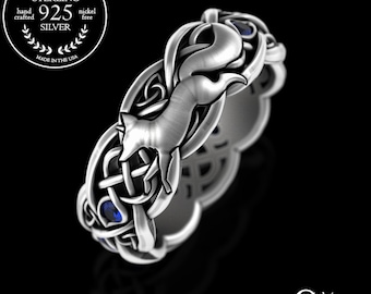 Womens Sterling Fox Ring, Sapphire Fox Wedding Ring, Fox Wedding Ring, Fox Wedding Band, Celtic Fox Wedding Ring, Silver Fox Ring, 3196