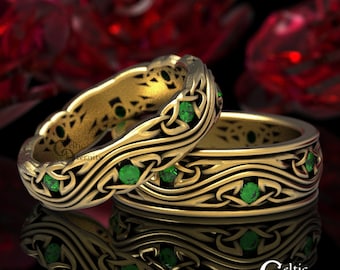 Emerald & Gold Wedding Ring Set, Matching Gold Wedding Bands, Platinum Wedding Ring, His + Her Wedding Rings, Gold Wedding Band, 1463 1462